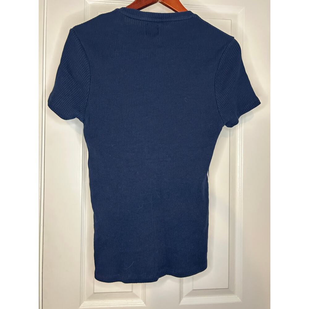 Zara Ribbed Knit Top Medium Navy Blue White Side Stripe Short Sleeve Tee